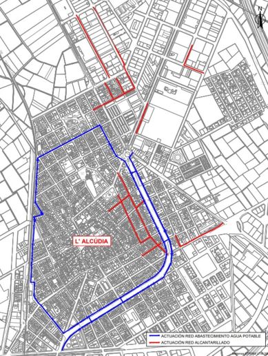 Plànol del projecte de renovació del clavegueram i la xarxa d'abastiment d'aigua potable a l'Alcúdia. Plànol del projecte de renovació del clavegueram i la xarxa d'abastiment d'aigua potable a l'Alcúdia.