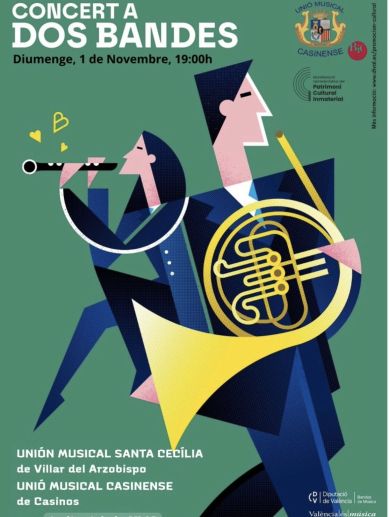 Cartel del «Concert a dos bandes» en Casinos, con la participación de las bandas de Villar del Arzobispo y Casinos. Cartel del «Concert a dos bandes» en Casinos, con la participación de las bandas de Villar del Arzobispo y Casinos.