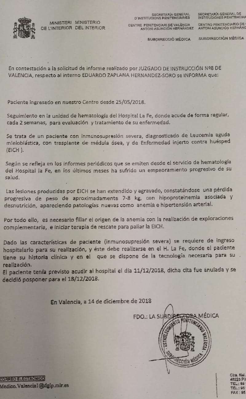 Informe enviado por el centro penitenciario a la jueza del caso Erial