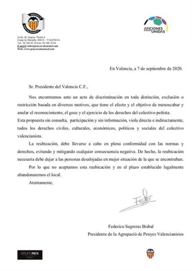 Respuesta de las Peñas al Valencia CF, en una nota compartida en redes sociales.
