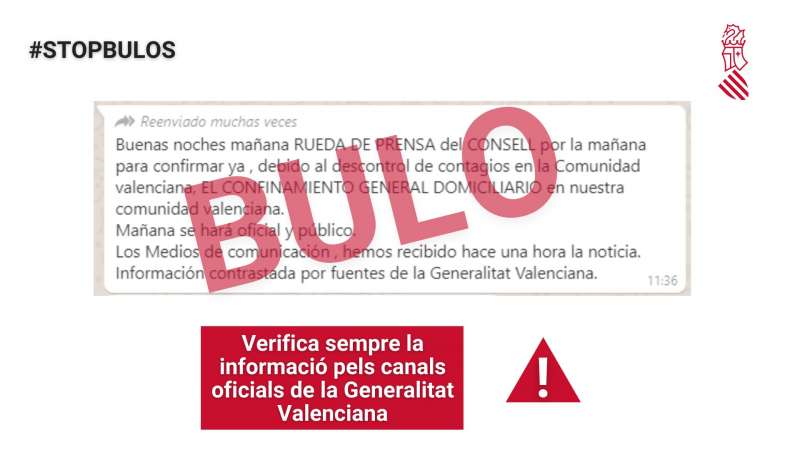 Bulo que anuncia el confinamiento domiciliario, desmentido por la Generalitat