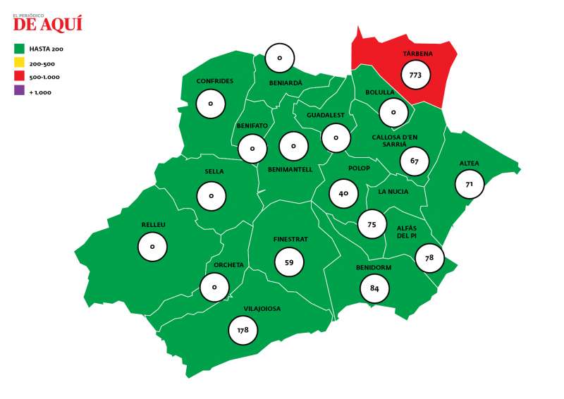 Mapa de la incidencia por Covid19 en la Marina Baixa / EPDA