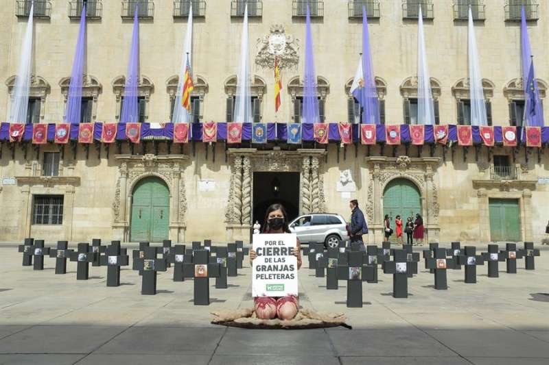 La activista ha posado desnuda frente al consistorio y rodeada de cruces. EFE